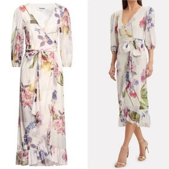 GANNI Tilden Floral Mesh Wrap Ruffled Midi Dress V-Neck3/4 Sleeves Size 36 - Picture 1 of 8